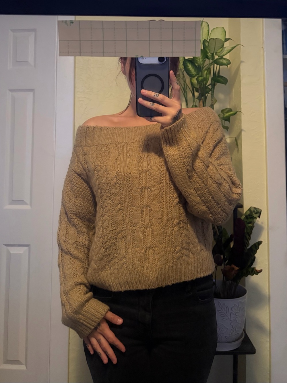 Fashion Nova Off-the-Shoulder Cable Knit Sweater in Camel